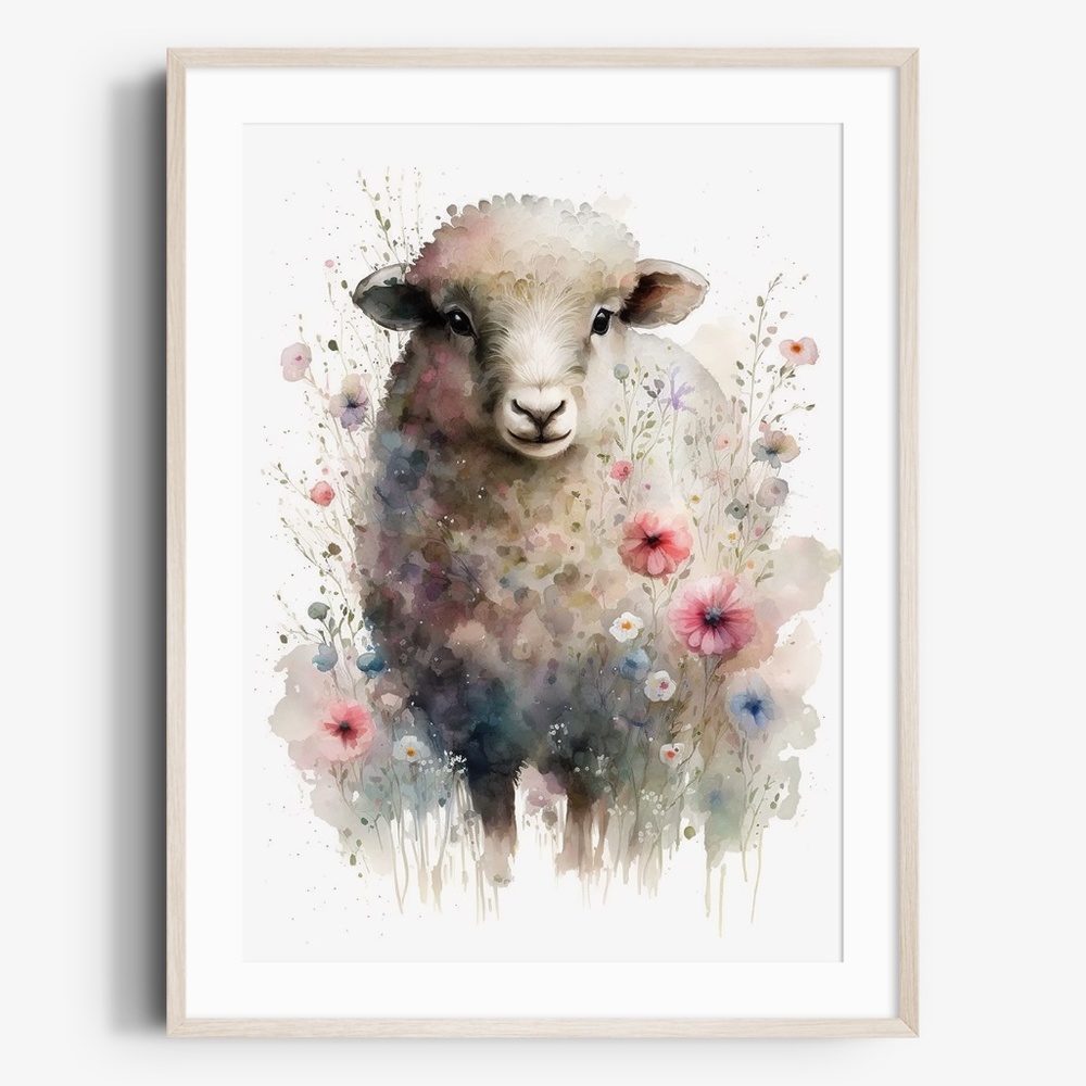 Watercolor Cute Floral Sheep Lamb Wall Art Illustration Print Poster Unframed